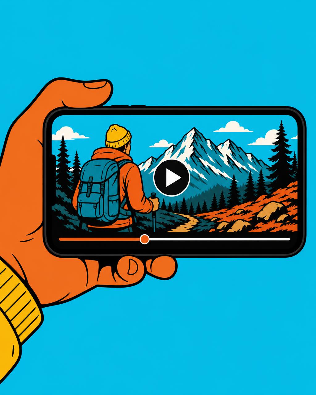 Horizontal iPhone playing a video of a person in the wilderness