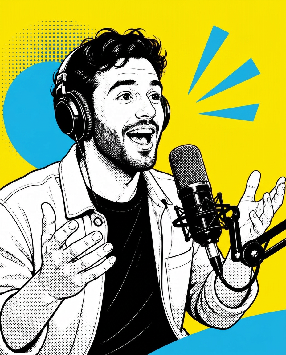 Pop art illustration of a podcast host recording a show
